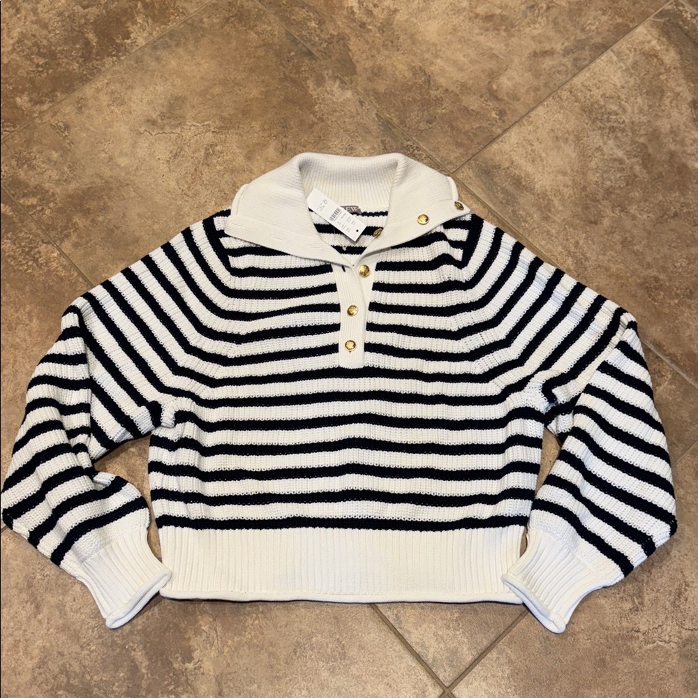 NWT JCrew Ribbed cotton button-collar sweater in stripe—Size Medium - Picture 2 of 4